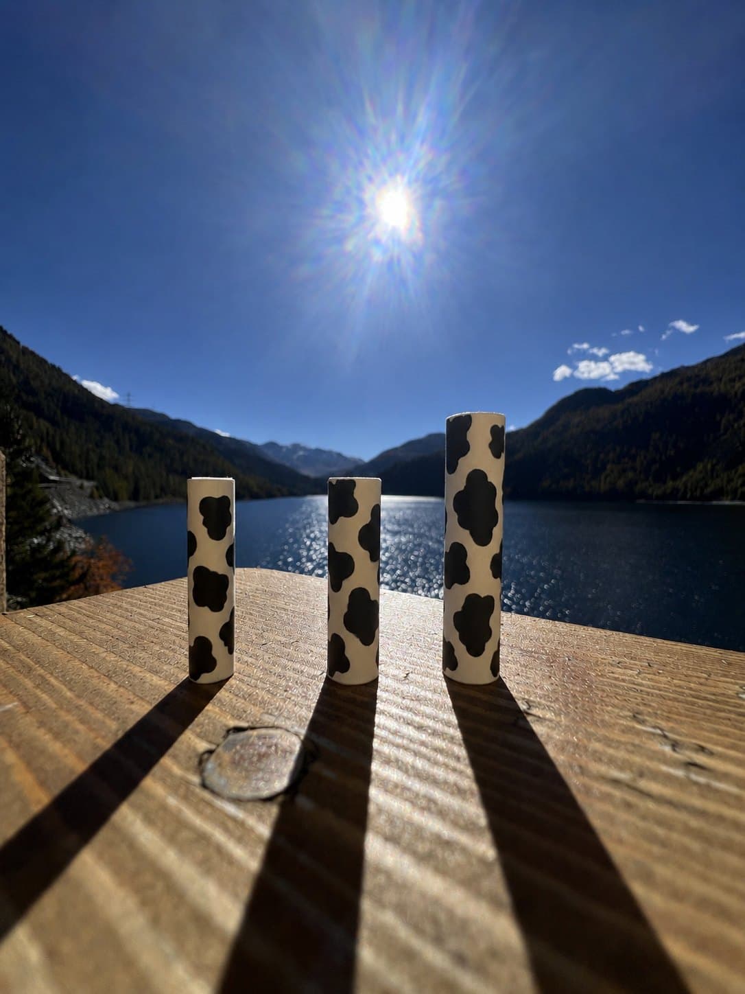 Three cow-print filters standing on a wooden railing above the lake