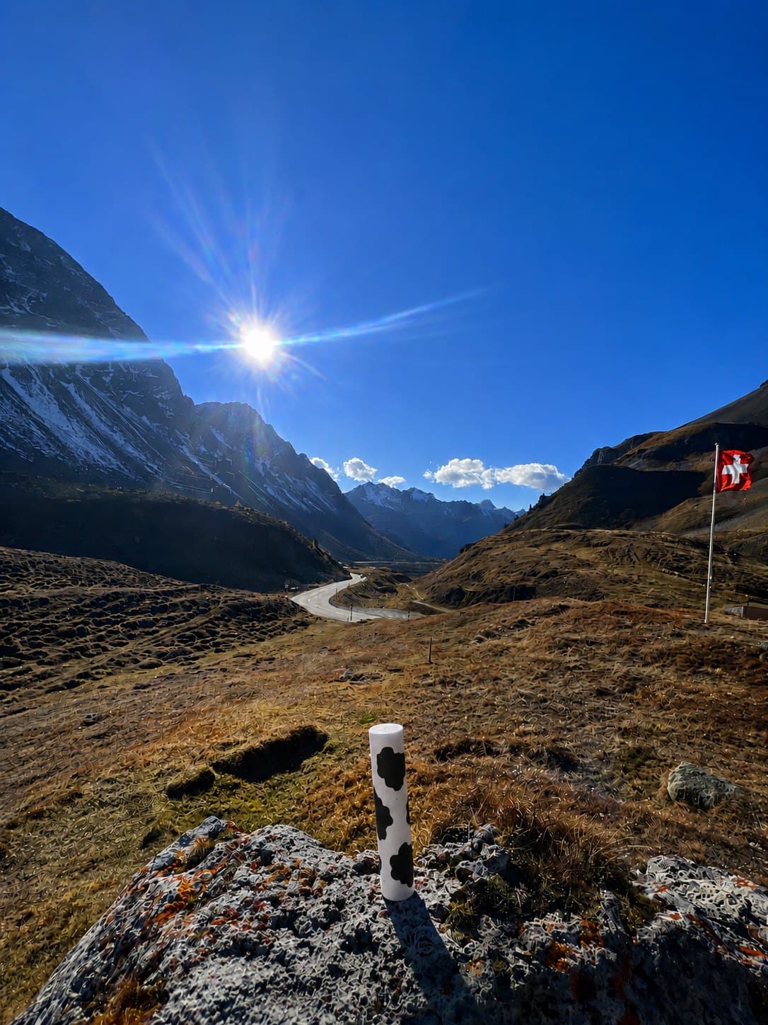 A single filter on a rock above an alpine pass road
