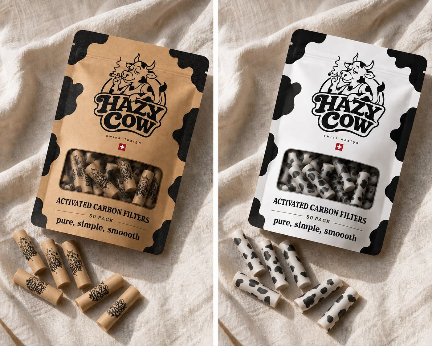 Hazy Cow charcoal filter pouches in kraft and white, with loose filters