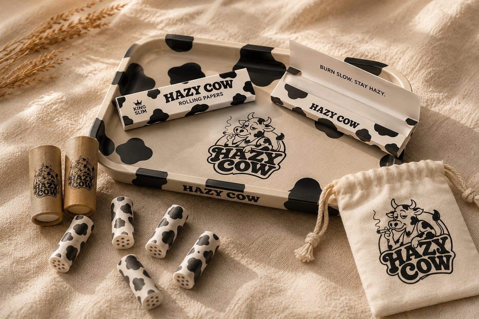 Hazy Cow tray, rolling papers, filters and cotton pouch laid out together
