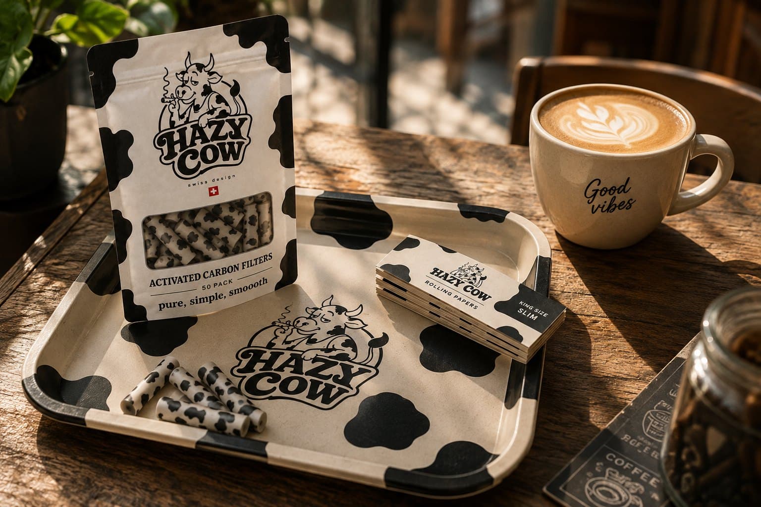 Tray, filter pouch and papers on a café table beside a coffee