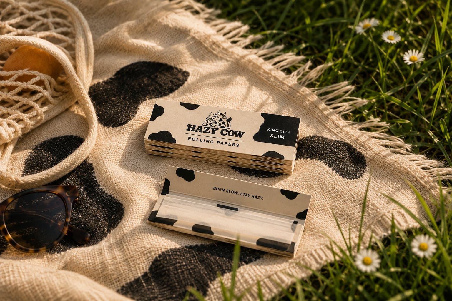 King slim papers on a picnic blanket in the grass
