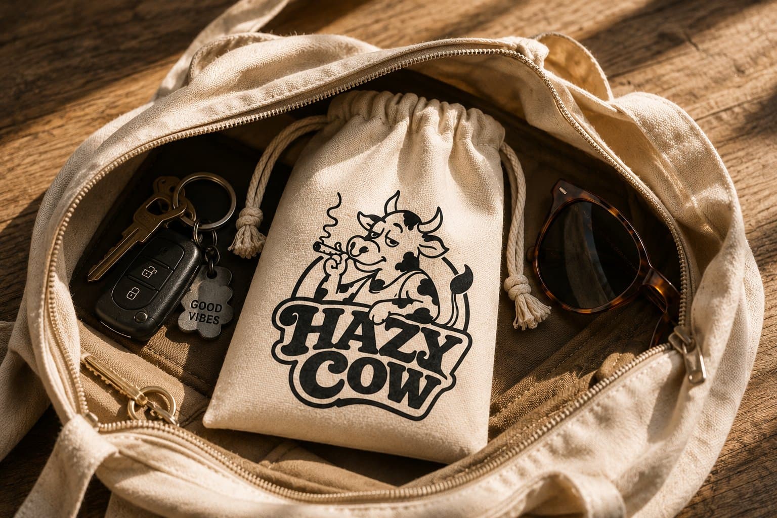 Cotton Hazy Cow pouch in an open tote with keys and sunglasses