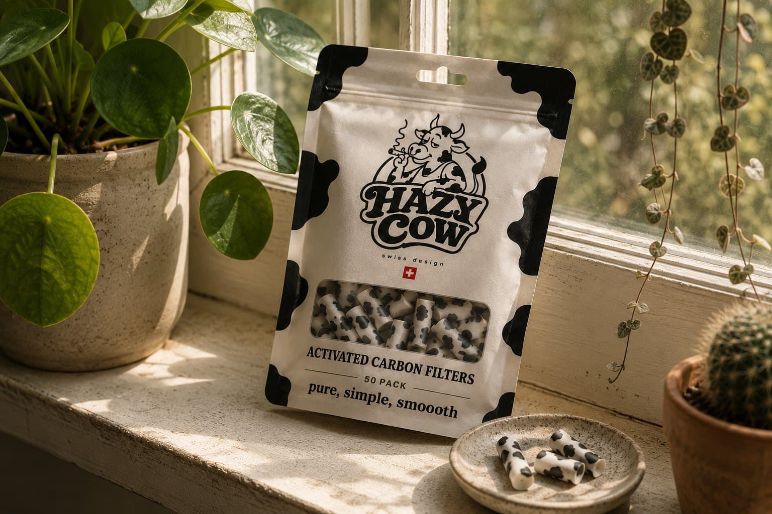 Filter pouch on a sunlit windowsill between houseplants