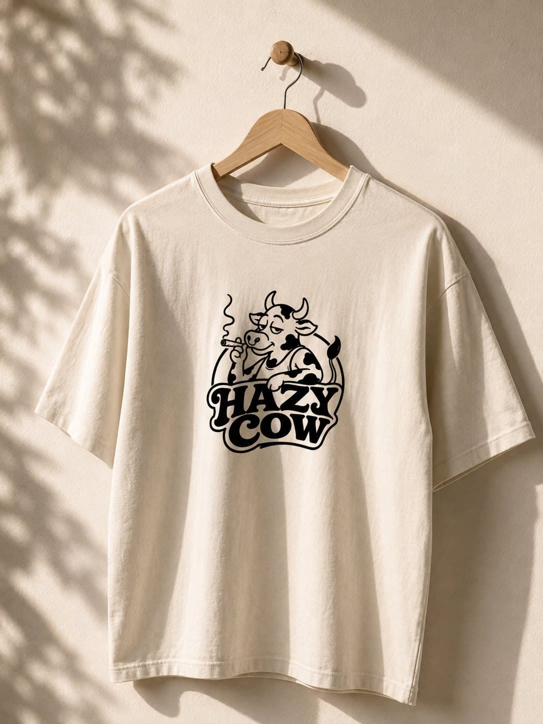 Cream Hazy Cow tee on a wooden hanger against a sunlit wall